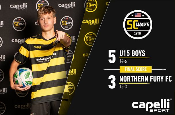 Club score template with landscape layout featuring player photo on left side in yellow and black striped jersey, team logo circle in top right, and final score display on right showing two team names with scores and records in yellow and white text