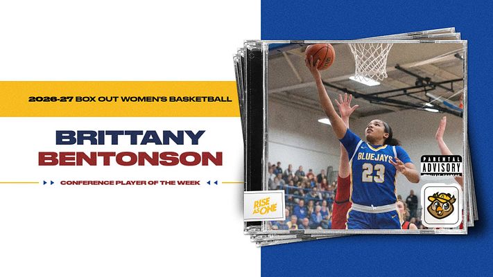 Player spotlight template featuring a large photo area on the right for athlete action shot, bold text area on the left for player name and title, and gold and blue color scheme.