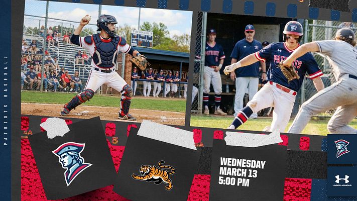 Polaroid-style game day template with landscape layout featuring three baseball action photos at top, dark banner below with team logo, opponent tiger mascot, date/time text, and red bunting decoration accents