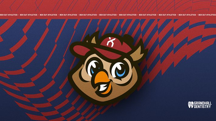 Logo template featuring cartoon owl mascot head with red cap on navy and red diagonal striped background. Includes repeated text header and brand lockup. Available in landscape, Instagram, and story formats.