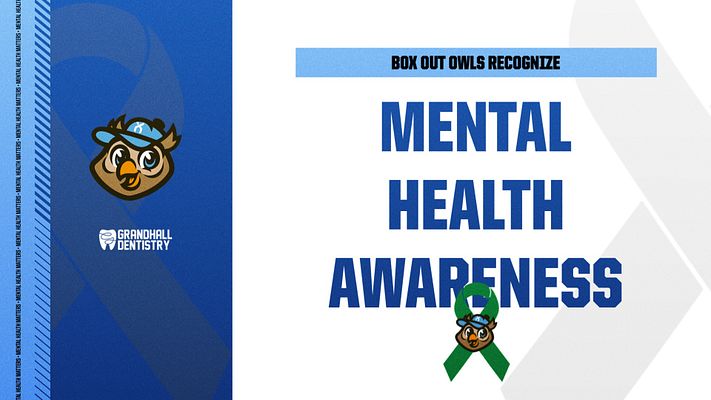 Mental Health Awareness template featuring bold text, team logo, and green ribbon on a blue and white background. Designed for social media announcements.
