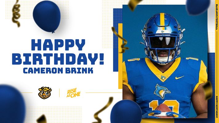 Birthday template featuring blue and gold color scheme with large player photo on right, bold 'Happy Birthday' text and customizable player name on left, decorative balloons and confetti elements, team logo placement, available in landscape and portrait formats