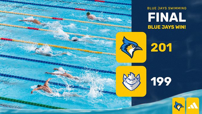 Swimming pool score template with full-width pool photo on left, bright yellow content area on right displaying team logos, final scores, and team names. Multiple format options available for landscape, Instagram, and story posts.