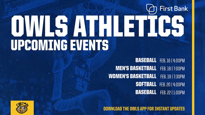 Upcoming events schedule template with dark blue background, white bold headline text, multiple sport listings with dates and times on the right, sponsor logo top right, team logo bottom left, and gold accent stripe on right edge