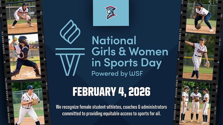 Celebratory template for National Girls & Women in Sports Day featuring a dark background, multiple photo frames of female athletes, text sections for event title and recognition message.