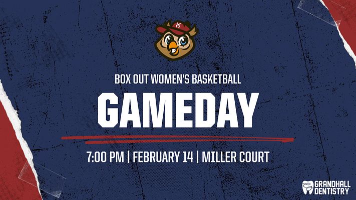 Sports graphic template with bold 'GAMEDAY' headline, event details below, and mascot illustration. Features a dark blue background with red and white accents, suitable for social media.