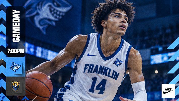 Basketball game day template with a large player action photo, vertical Gameday and time panel on the left, team logos, and bold blue-and-black accents.