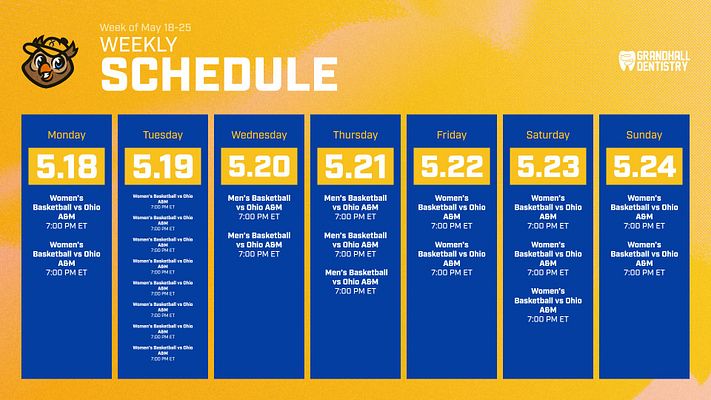 Weekly schedule template with seven yellow day columns on blue background. Each column displays day name, date, and multiple event listings. Club logo on left, organizational logo on right, textured blue-to-yellow gradient backdrop.