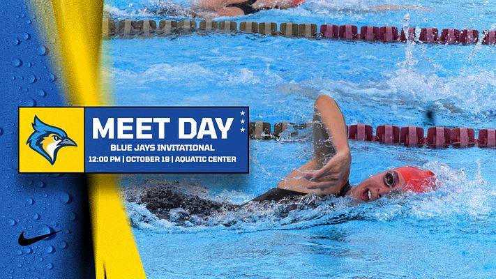 Swimming meet day template featuring blue pool background with swimmer in action, white banner with school logo and event details. Designed for landscape, Instagram, and story formats for swim and dive social media promotion.