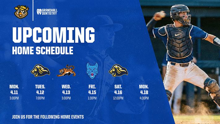 Upcoming schedule template with a dark blue background, large 'UPCOMING HOME SCHEDULE' title, and a column for dates and times with team logos, designed for sports events.