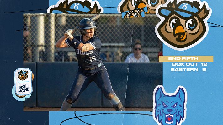 Baseball/Softball score template with sticker-style design featuring player photo, team mascot logos, and space for final score and game statistics. Bright background with layered sticker elements, suitable for social media sharing across multiple formats.