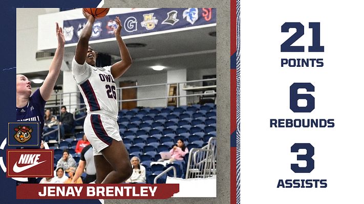 Player stats template with navy background featuring large action photo area on left, player name banner below, and right side displaying statistics in bold text including points, rebounds, and assists. Branded logos and stripe design elements frame the layout.