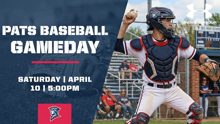 Gameday template featuring a player photo on the right, bold title on the left, and space for date and time below. Red and navy color scheme, designed for baseball announcements.