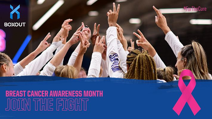 Awareness campaign template featuring group of people with raised hands, dark blue banner with text overlay, light blue awareness ribbon icon, and logo placement areas. Available in landscape and portrait formats for social media sharing.