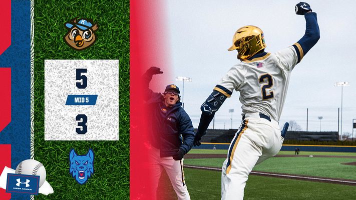 Score template featuring a grass background with team logos and a scoreboard showing 5-3. Action shot of a player celebrating on the right, designed for baseball or softball.