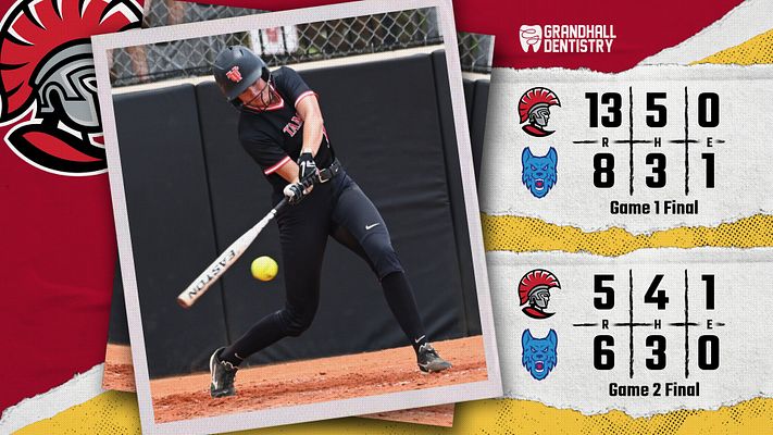 Double-header baseball/softball template with red and gold color scheme, featuring large photo area of player at bat on left, and two game score cards on right showing team logos and final inning-by-inning results for both games