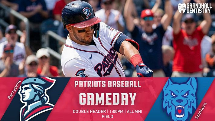 Gameday template featuring a large player action photo on the left, team logos at top, and sections for game title, date, and opponent in bold red and blue colors.