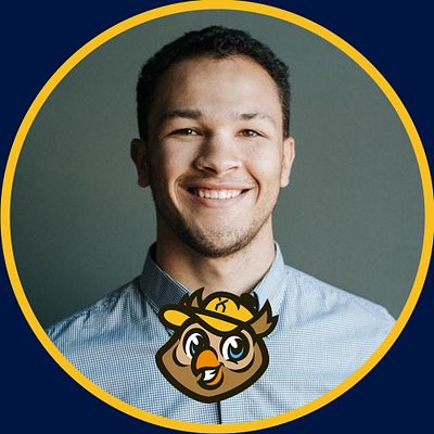 Square avatar template with dark blue background, circular frame with gold border, centered headshot photo area, and team logo placeholder at bottom for consistent branded social media profiles