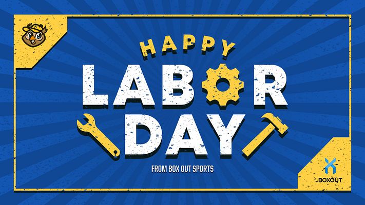 Labor Day template with a blue radial background, bold yellow text for 'HAPPY LABOR DAY', featuring gear, wrench, and hammer graphics, and a logo in the corner.