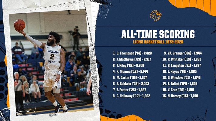 Rankings template featuring a large photo of a player on the left and a list of all-time scoring leaders on the right, using blue and gold colors for emphasis.