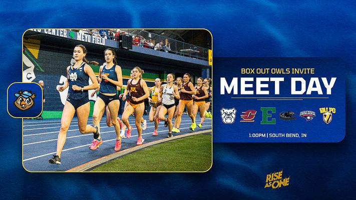 Track meet day template with a blue aquatic background, featured swimmer image on the left, event details on the right, and team logos below the title.