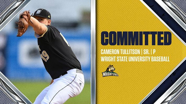 Player commitment template with baseball player photo on left side and yellow diagonal banner on right displaying player name, position, grade level, and school logo. Navy and gold color scheme with metallic border frames. Available in landscape, Instagram, and story formats.