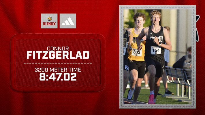 Template for athlete spotlight featuring a red background, photo placeholder on the right, and text area for athlete's name and stats on the left. Designed for track and cross country.