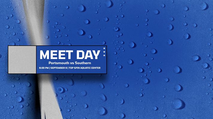 Swimming meet day template featuring blue pool background with swimmer in action, white banner with school logo and event details. Designed for landscape, Instagram, and story formats for swim and dive social media promotion.