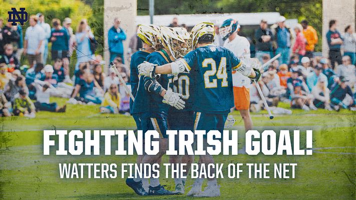 Lacrosse goal announcement template featuring a celebration photo with team members, bold text overlay for player highlights, green and gold color accents.