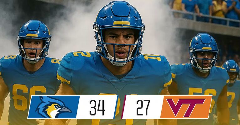 Motion template combining live football players in blue and gold uniforms with score display overlay, featuring team logos and final score for video board playback