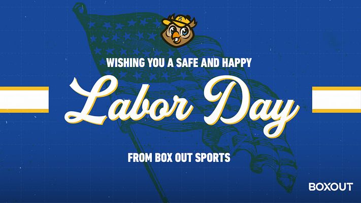 Labor Day template featuring a blue background with a flag graphic, large cursive text for 'Labor Day', and a logo at the top. Designed for holiday greetings.