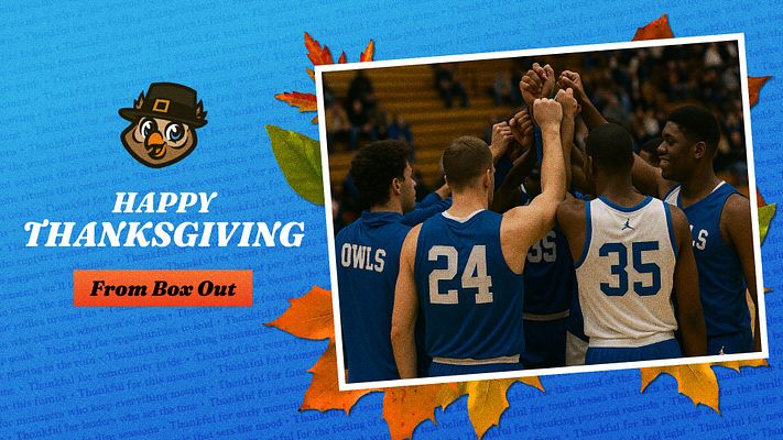 Thanksgiving-themed social media template featuring a blue background with autumn leaves, photo area of a basketball team, and prominent 'Happy Thanksgiving' text.