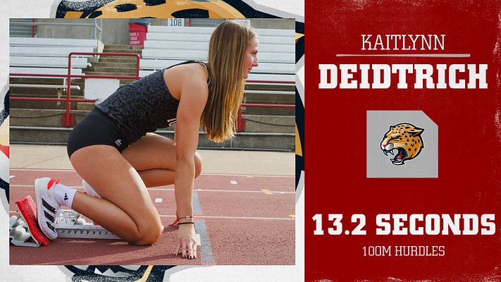 Track and cross country athlete spotlight template with bold red right panel featuring athlete name, school logo, and event time/statistics. Left side displays full-length athlete photo on track. Modern split-panel design with white text on red background.