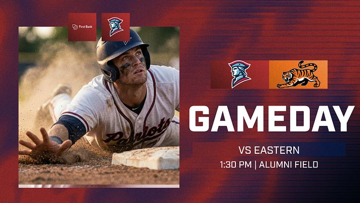 Gameday template featuring a player running on the field, with logos at the top, bold 'GAMEDAY' text, and game details in a structured layout. Designed for promotional use.