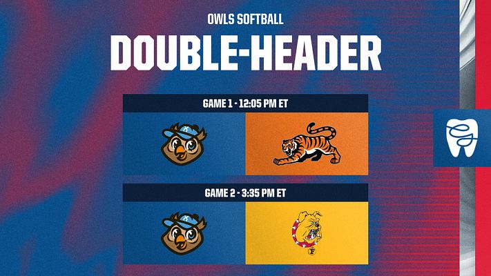 Gameday doubleheader template featuring a blue background, large title area for 'DOUBLE-HEADER', sections for two games with team logos, game times, and space for customizable text.