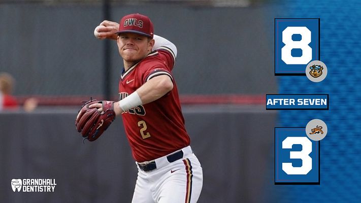 Baseball score template with a dynamic player photo on the left, score displayed prominently on the right, and a blue and white color scheme for team branding.