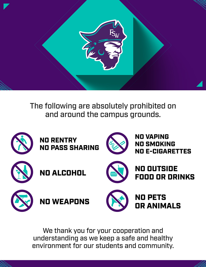 Campus rules template with purple and teal geometric design, mascot logo at top, and six prohibition icons arranged in grid showing no reentry, vaping, alcohol, outside food/drinks, weapons, and pets with explanatory text below