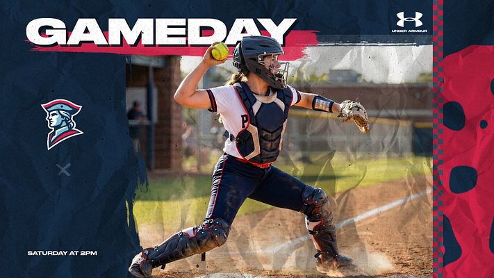 Multi-format gameday template with dark blue and red crumpled design elements, large athlete photo area in center, bold white 'GAMEDAY' text header, team logos on left side, and game time details in lower left corner