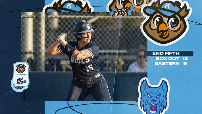 Baseball/Softball score template with sticker-style design featuring player photo, team mascot logos, and space for final score and game statistics. Bright background with layered sticker elements, suitable for social media sharing across multiple formats.