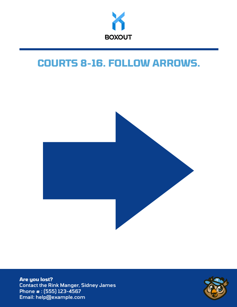 PDF directions template with navy blue header containing logo and location title, large right-pointing arrow icon as main visual element, and branded footer bar with white logo