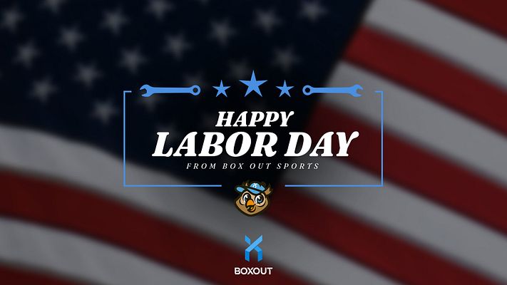 Labor Day sports template with American flag background, bold white text reading "Happy Labor Day", decorative blue stars and lines, team logo, and multi-format layout for Twitter, Instagram, and Stories