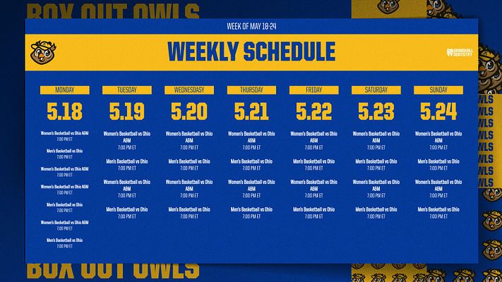 Weekly schedule template with a blue and gold color scheme, featuring days of the week in a grid layout. Includes date and event details, with logo and sponsor area at the top.