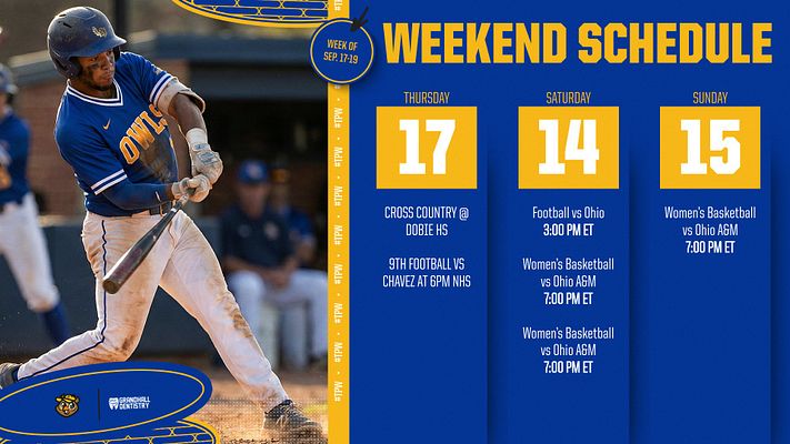 Weekend schedule template with blue and gold color scheme, featuring large basketball player image on left, bold yellow header text, and three-day schedule grid with dates, event titles, and times on right side. Designed for multiple social media formats including landscape, Instagram, and story dimensions.