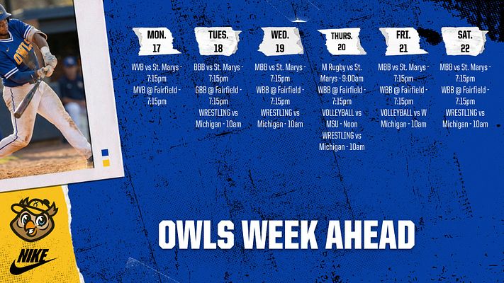 Weekly schedule template with six day columns (Monday through Saturday) on blue textured background. Each column features a white banner with day and date, followed by stacked event listings with times. Large team photo on left side with logo and branding. Bold white title reads 'OWLS WEEK AHEAD' at bottom. Designed for multi-format export across landscape, square, and story sizes.