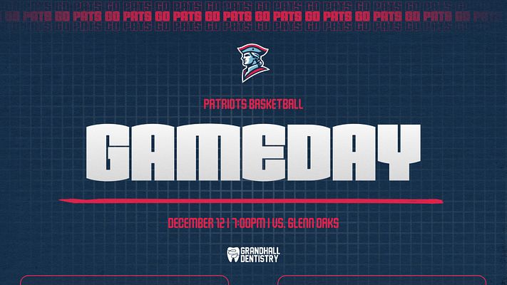Multi-format gameday template with dark blue grid background, team logo at top, bold white "GAMEDAY" text as centerpiece, red accent line, and magenta text areas for opponent, date, and time details. Available in landscape and portrait formats for social media.