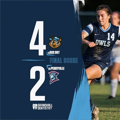 Square score update template featuring a half-blue design with team logos, large score numbers, and space for opponent details, ideal for social media updates.