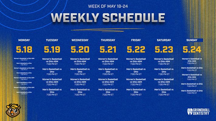 Landscape weekly schedule template with blue background, tabular layout displaying days and events, featuring space for team logos and sponsor branding at the bottom.