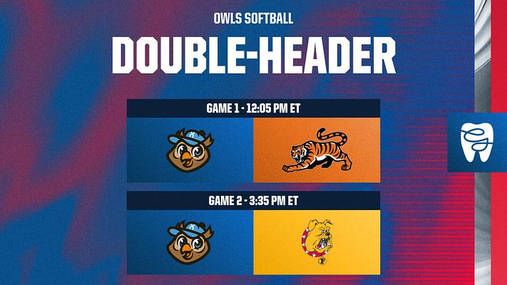 Gameday doubleheader template featuring a blue background, large title area for 'DOUBLE-HEADER', sections for two games with team logos, game times, and space for customizable text.