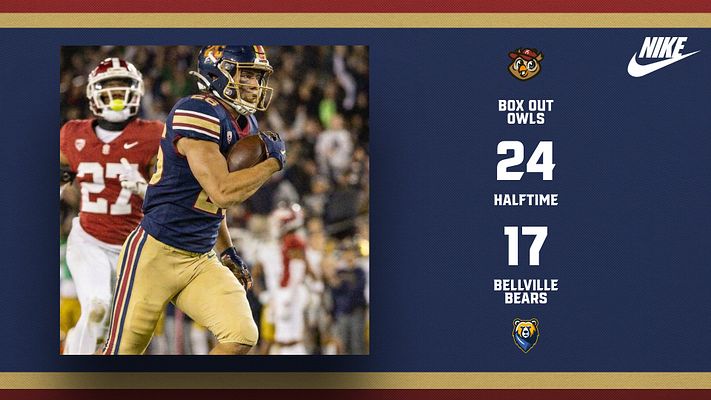 Multi-format sports score template with a dynamic player photo on the left and a dark blue sidebar displaying team names and halftime scores on the right, featuring a football theme.