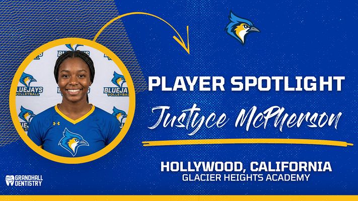 Player spotlight template featuring a circular photo area on the left, bold text for player name and title, with location and school details below. Blue and gold color scheme.